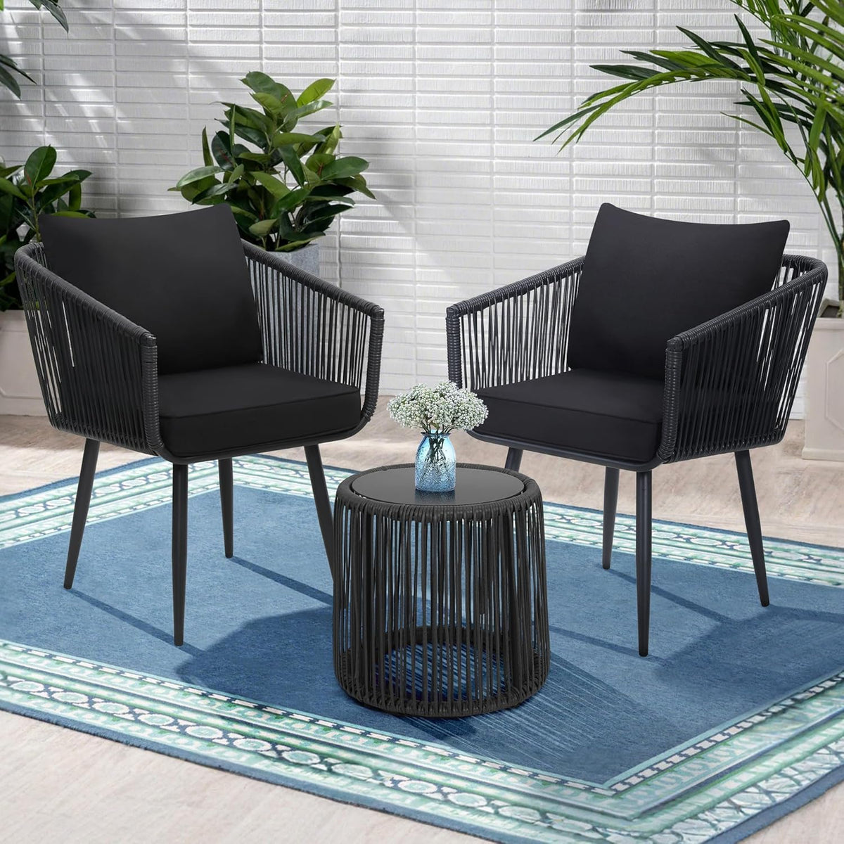 Kromax 3 Pieces Patio Rattan Bistro Conversation Set, Outdoor All-Weather Wicker Furniture Chairs