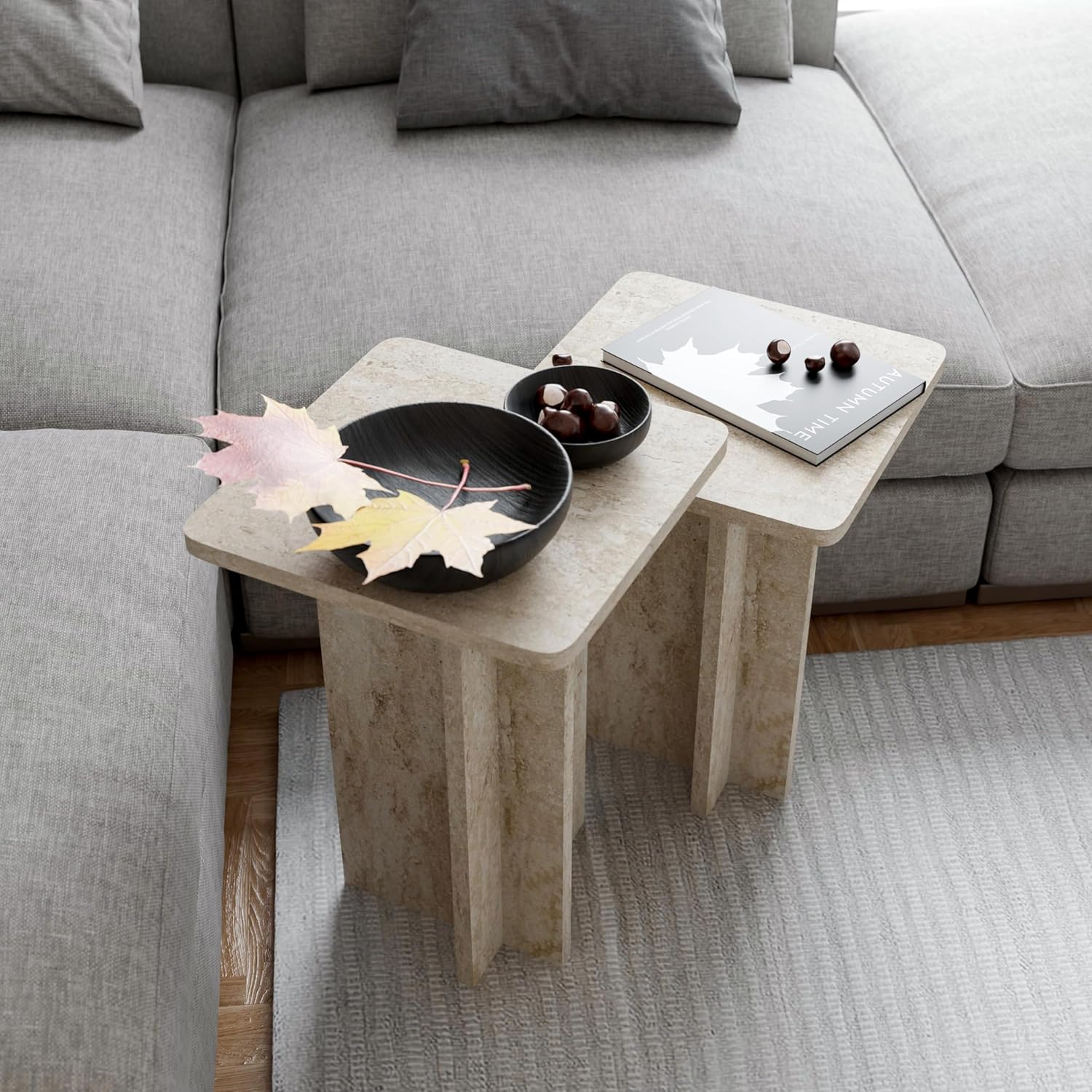 Travertine Efect Square Nesting Table Set of 2 Modern Coffee Table Small Side Table End Table for