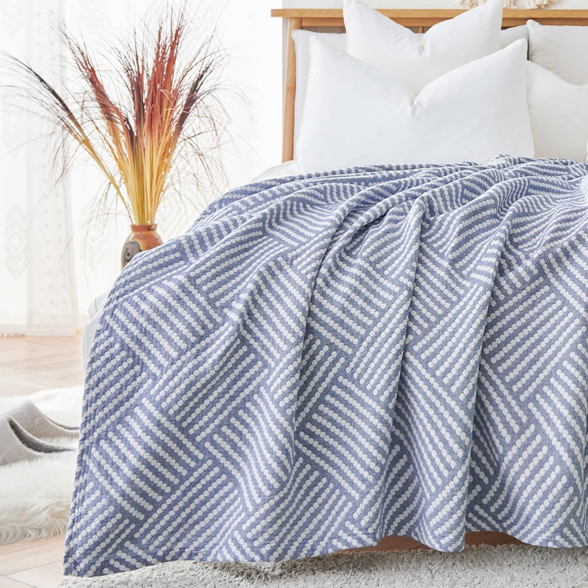 jinchan Boho 100% Cotton Blanket Muslin 50x60 Inches Lightweight 3-Layer Geometric Square Striped