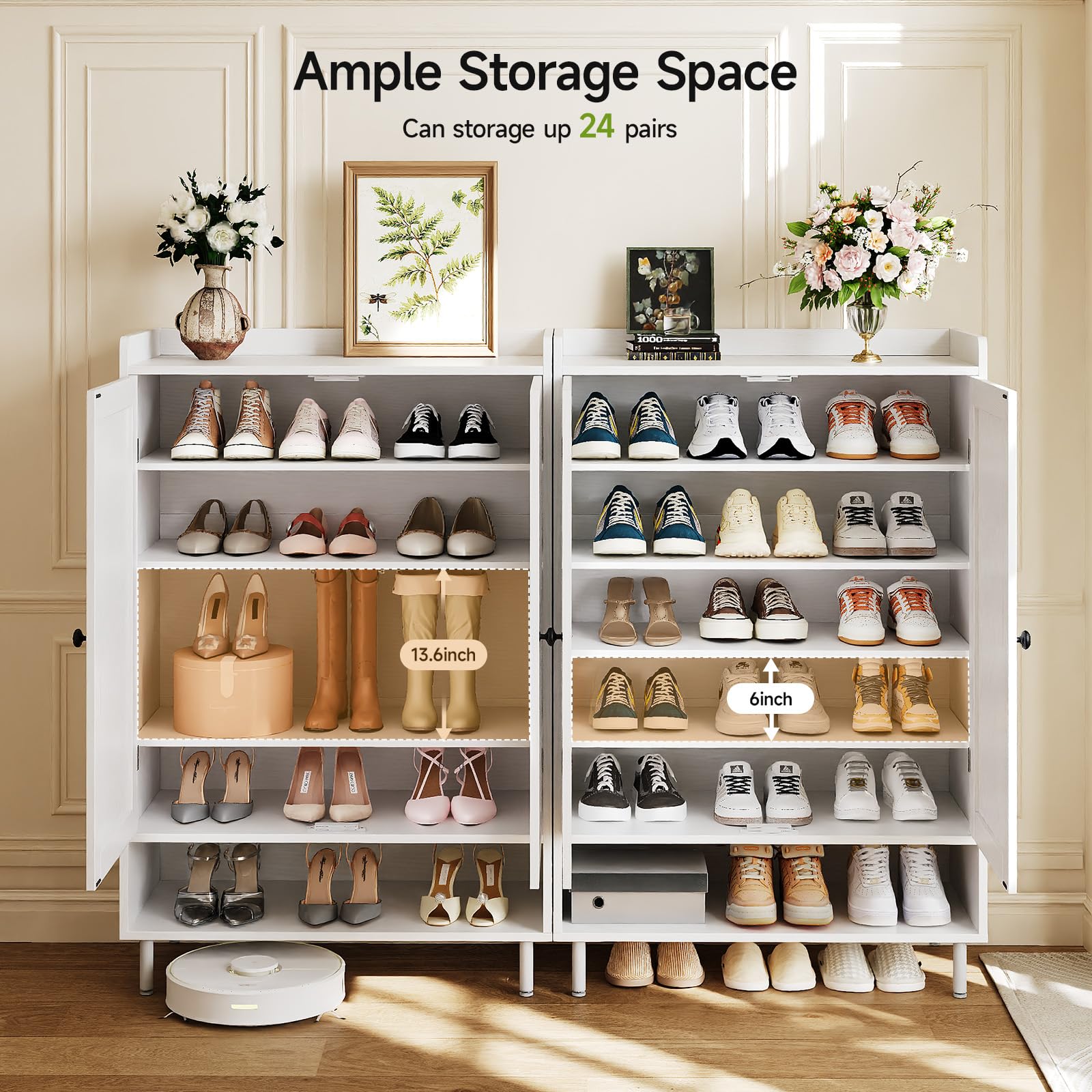 ComfyCorner Shoe Cabinet with Cross Molding Doors, 6-Tier Storage, White