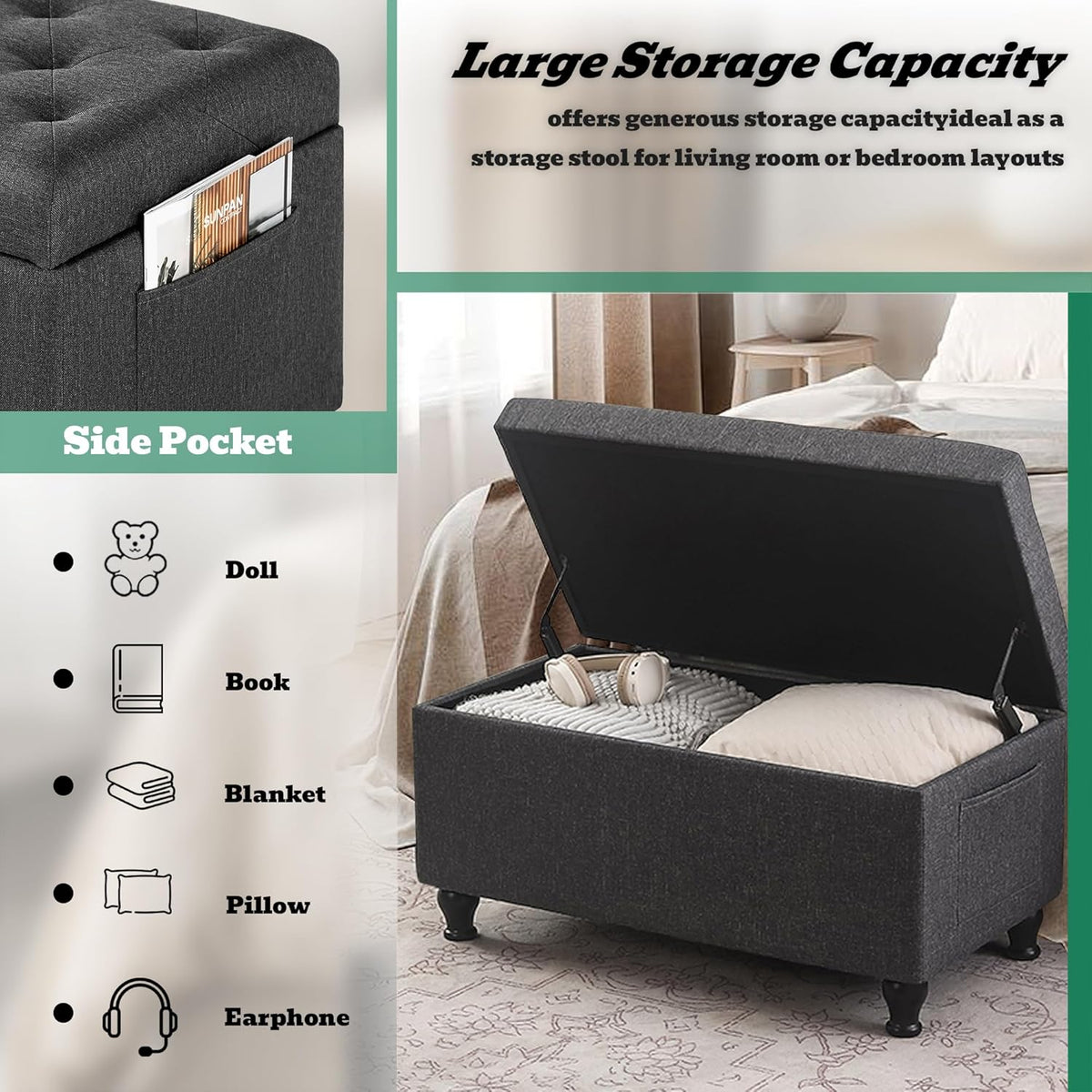 Ottoman with Storage 32'' Ottoman Storage Bench Linen Fabric Ottomans Footstools Upholstered Foot