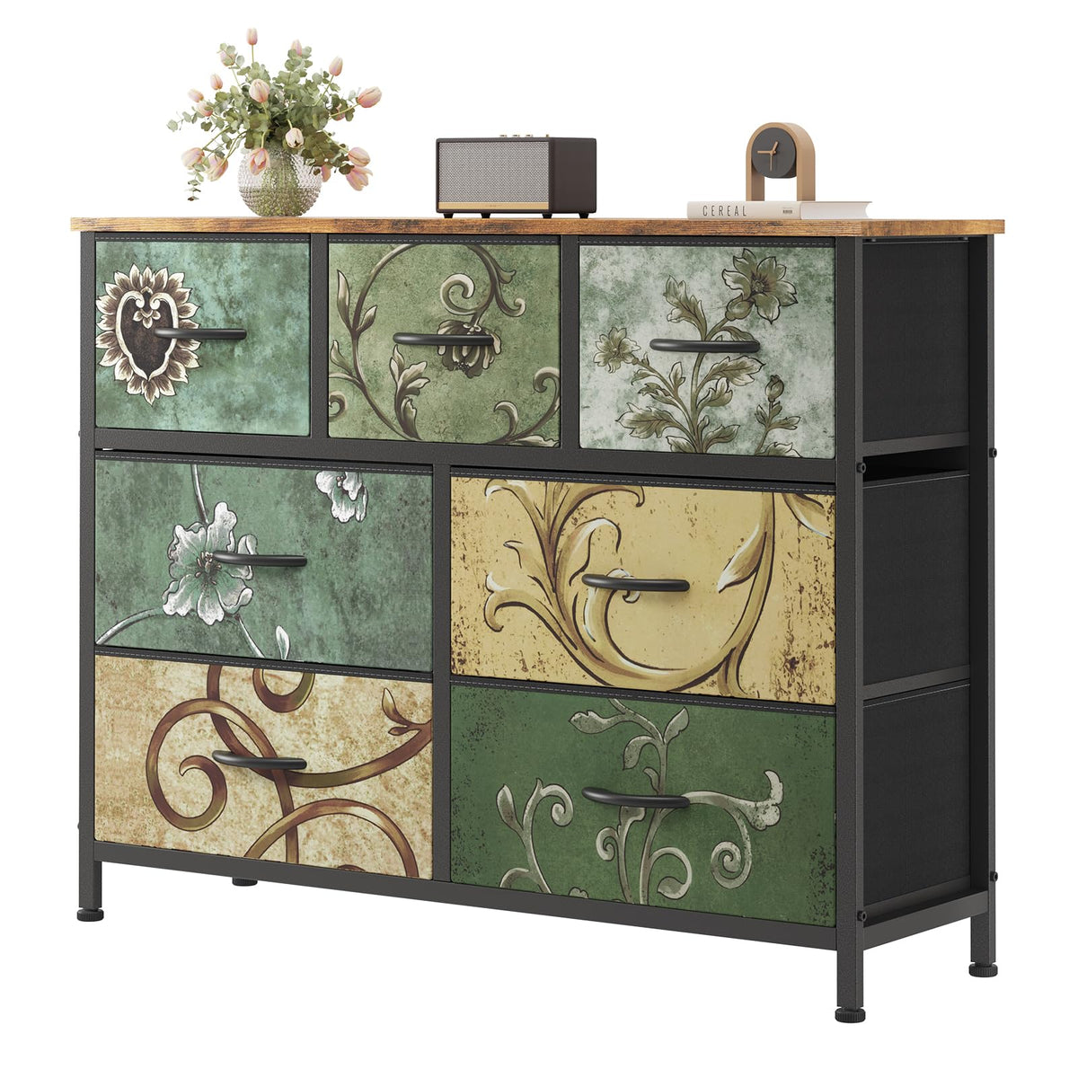 Sweetcrispy 7 Drawer Dresser for Bedroom Storage, Fabric Bins, Floral Print