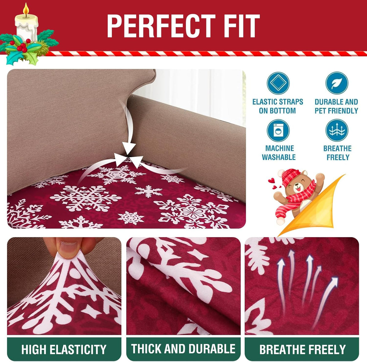 H.VERSAILTEX Christmas Sofa Slipcover Fleece Stretch Couch Cushion Cover Furniture Protector Seat