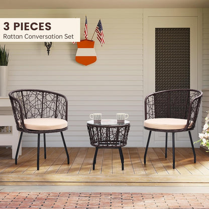 Kromax 3 Piece Bistro Set, Modern Outdoor Wicker Patio Furniture with Tempered Glass Table Top and