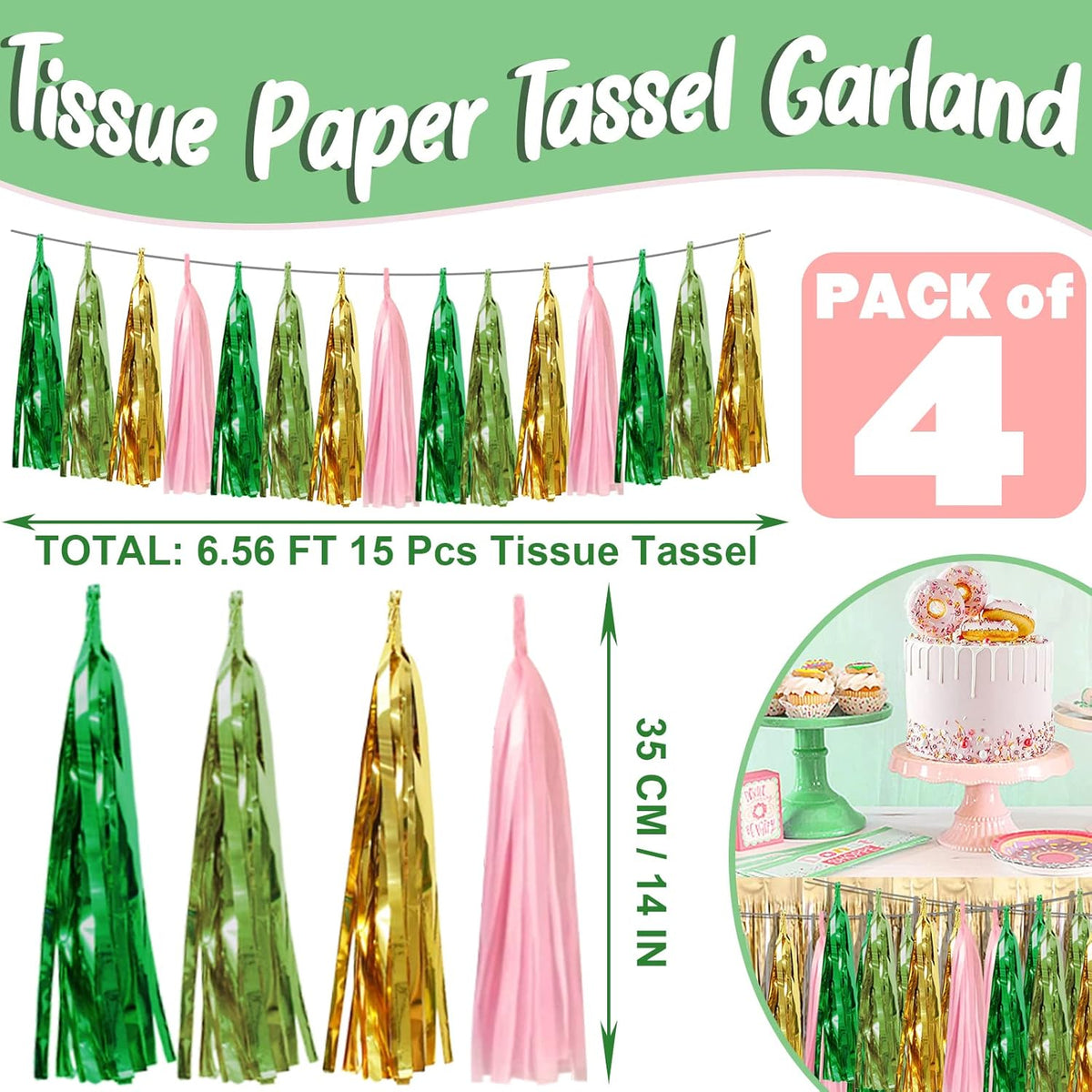 4P Sage-Green Pink-Gold Foil Fringe Metallic Tassel Garland, Tassels Banner Streamers for Parade