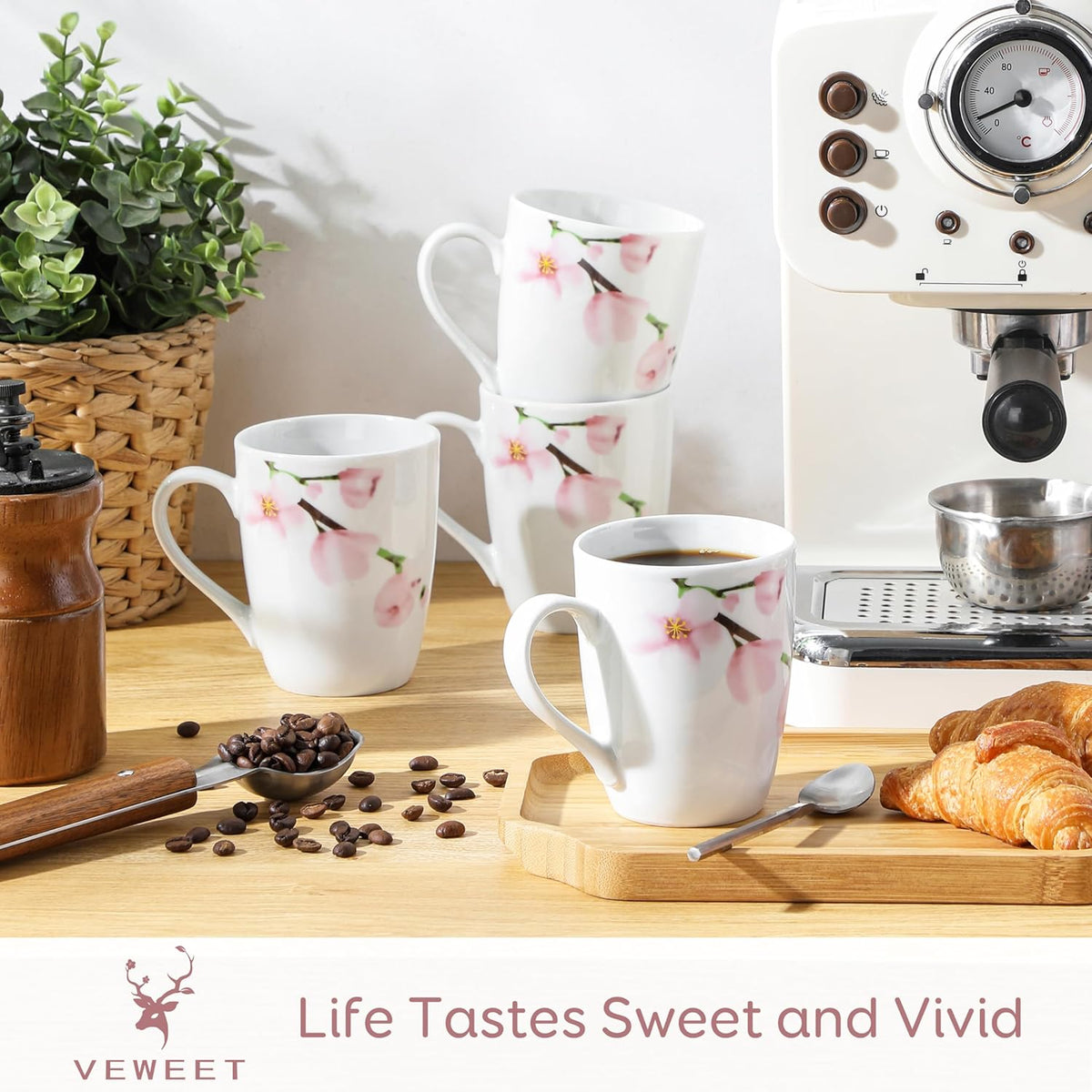 VEWEET Coffee Mugs Set of 6, 11 OZ Coffee Cups Set with Handle, Floral Mug Sets Ceramic Cup Set for