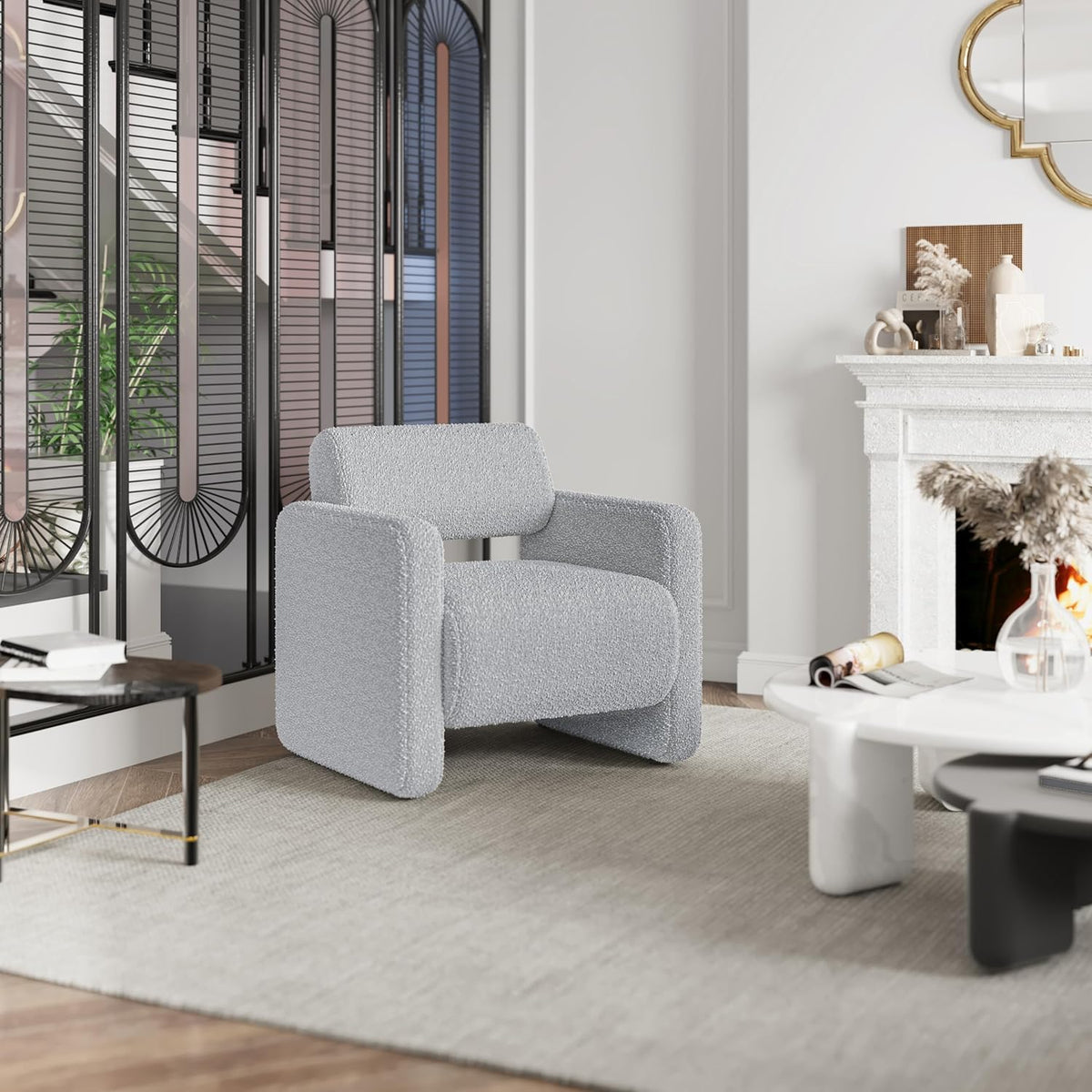 Accent Chair, Modern Boucle Fabric Armed Chair, Comfortable Single Sofa Chair for Living Room