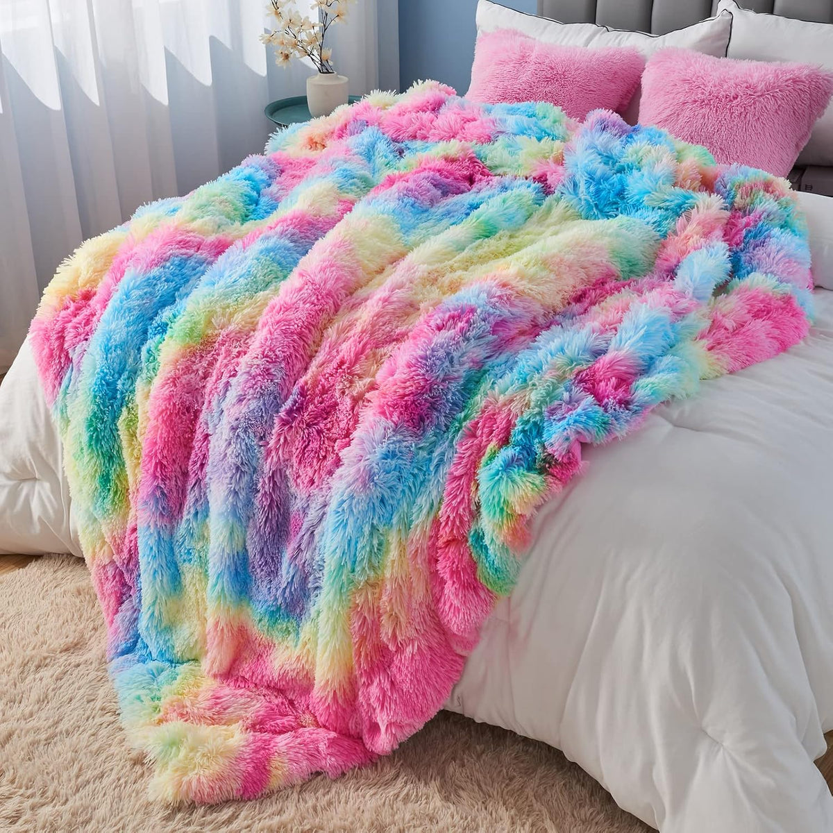 GONAAP Fuzzy Faux Fur Throw Blanket Twin Size Dark Rainbow Super Soft Cozy Plush Fuzzy Shaggy