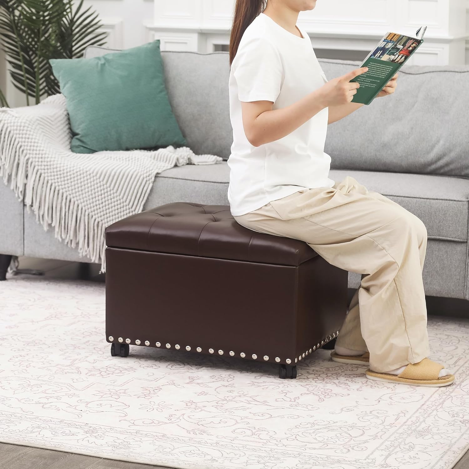 Joveco Leather Storage Ottoman with 360° Wheels 24" Rolling Foot Rest Bench Rectangle Ottomans