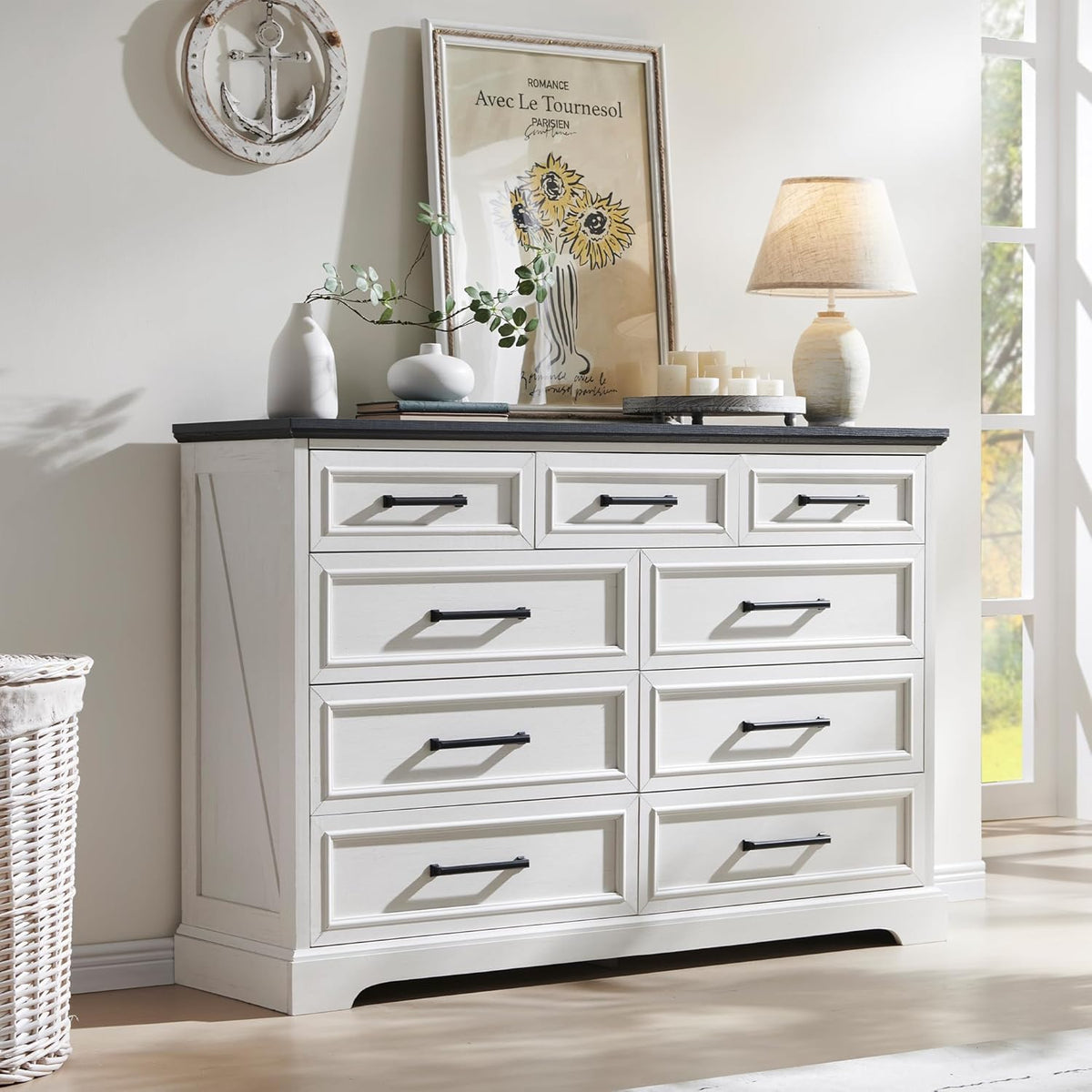 Farmhouse 9 Drawer Dresser for Bedroom, 36 Inch Tall Modern Dresser TV Stand with Large Drawers &