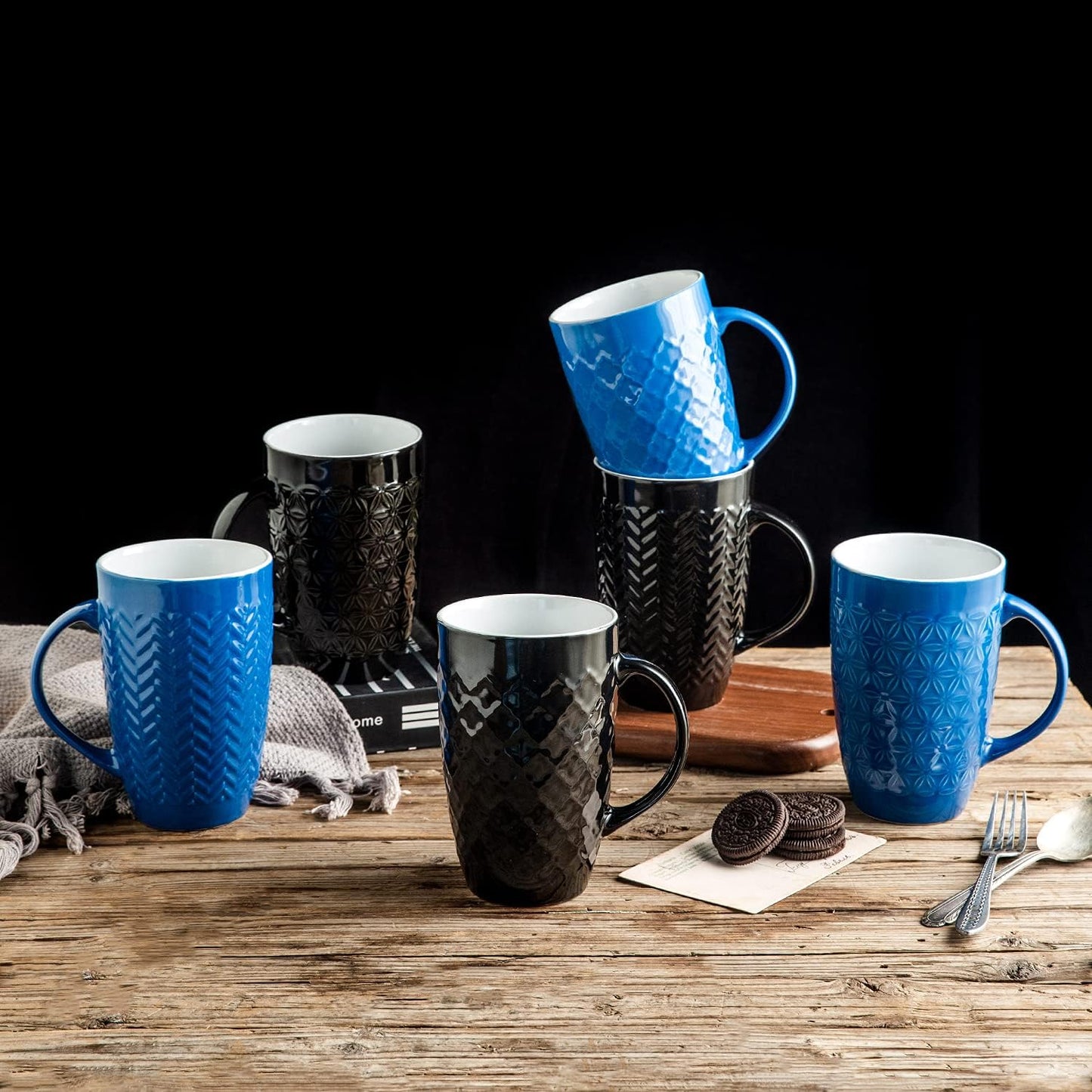 AmorArc Large Coffee Mugs Set of 6, 20oz Ceramic Tall Coffee Mugs Set with Textured Geometric