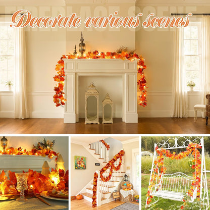 Joyhalo 2 Pack Fall Garland with Lights, Fall Leaves for Mantle, Outdoor Lighted Up Leaf Garland
