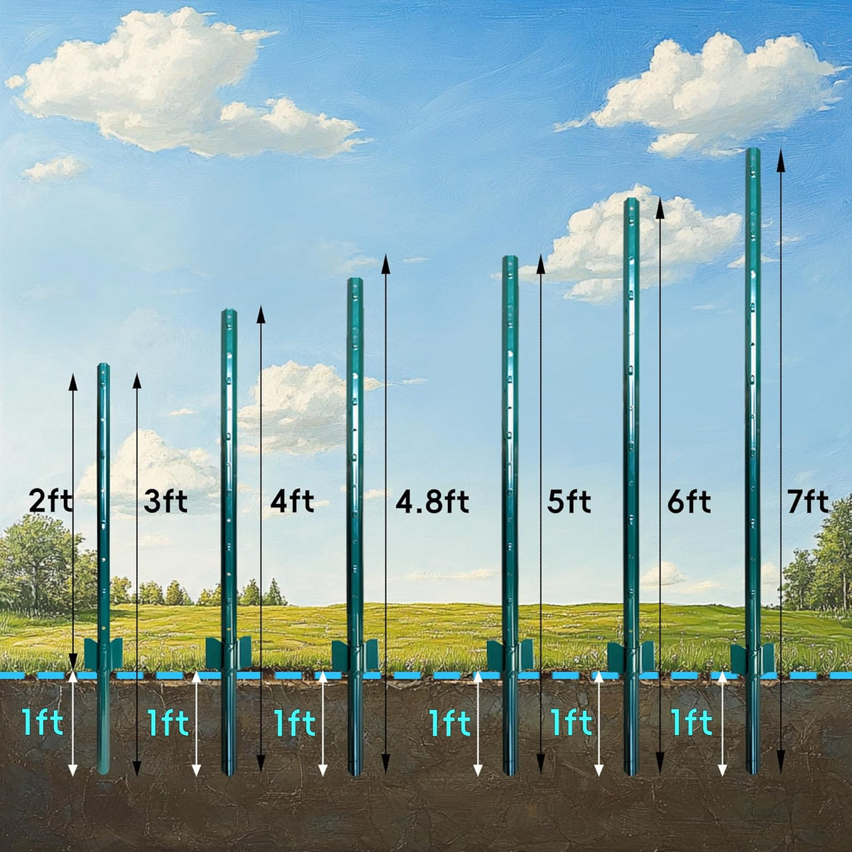 ARIFARO Fence Posts 3 Feet Sturdy Duty Metal Fencing Poles, Pack of 16, No Dig Garden U Post for