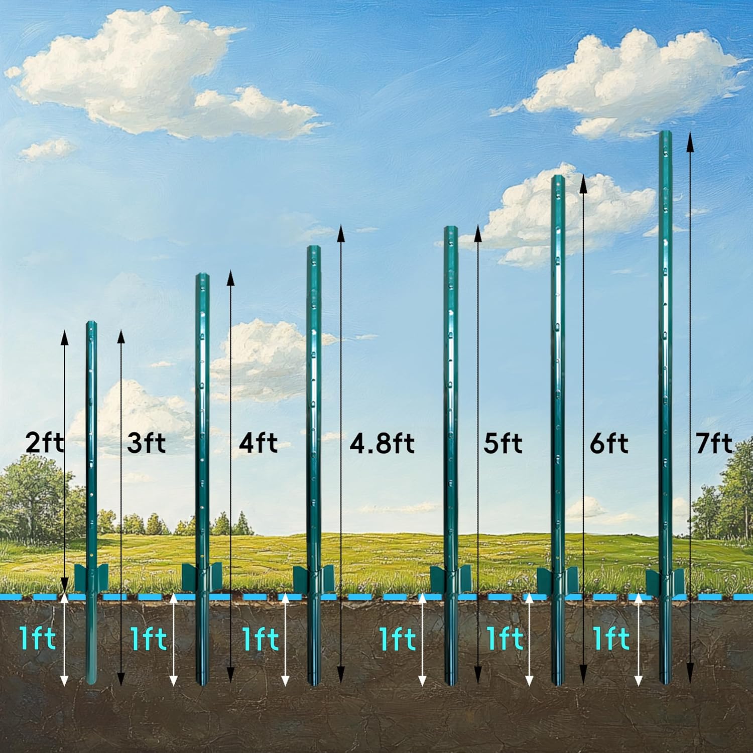 ARIFARO Fence Posts 3 Feet Sturdy Duty Metal Fencing Poles, Pack of 16, No Dig Garden U Post for