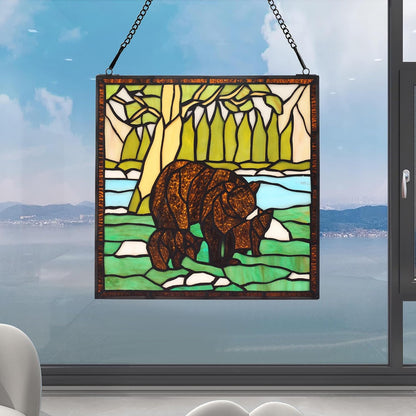 bwkoiujes Stained Glass Window Hanging 12" Square Tiffany Animal Style 3 Brown Bears Suncatcher