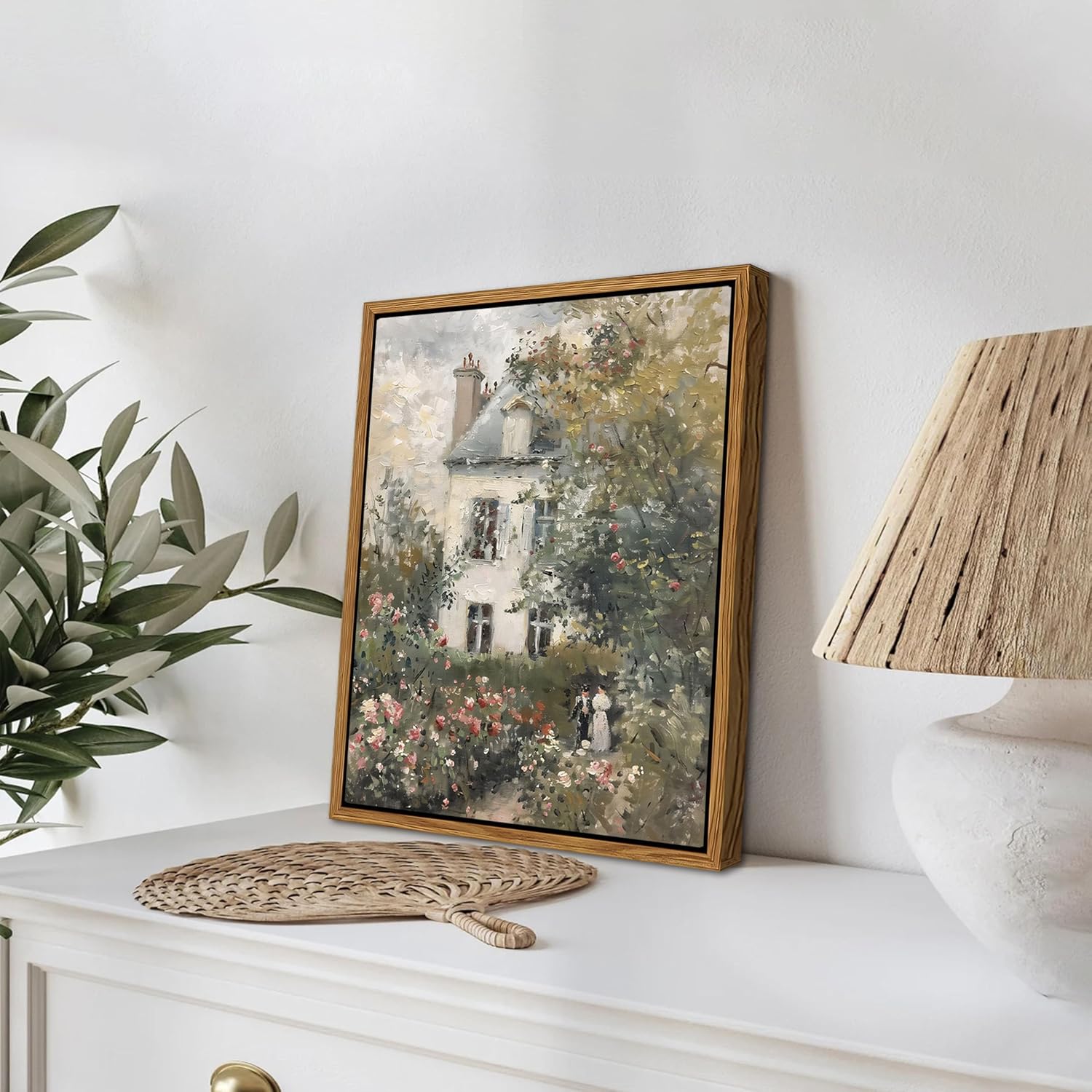Floating Framed Canvas Vintage Wall Art, Neutral English Cottage Rose Garden Oil Paintings Print