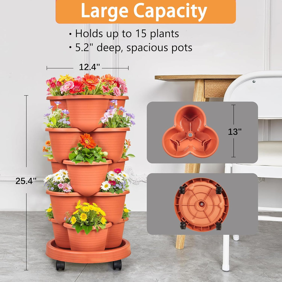 VECELO 5 Tier Vertical Garden Planter, Self Watering Stackable Planters with Wheels for