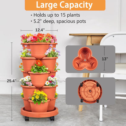 VECELO 5 Tier Vertical Garden Planter, Self Watering Stackable Planters with Wheels for