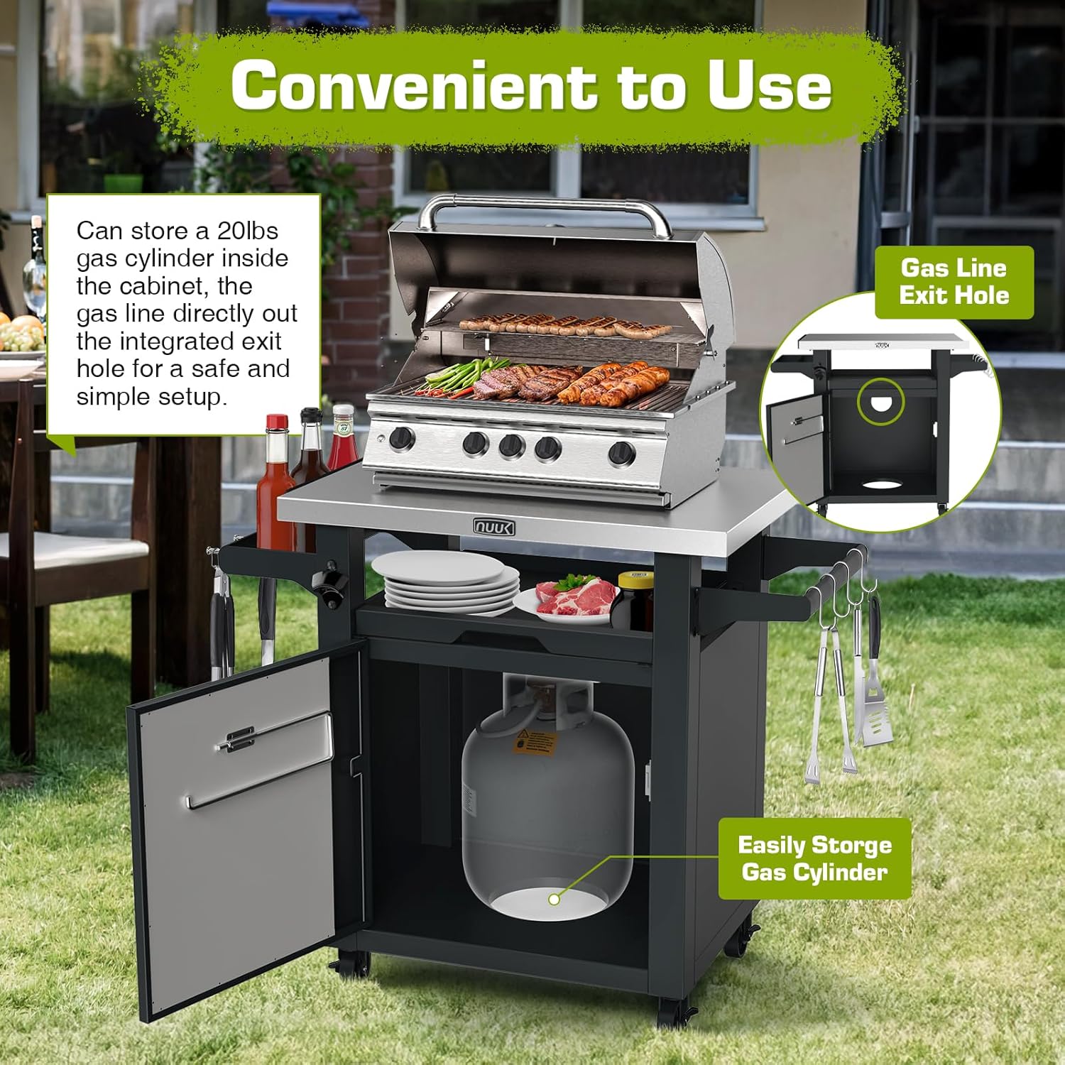 NUUK Grill Carts Outdoor with Enclosed Cabinet and Storage Drawer, Portable Patio Bar Cart with