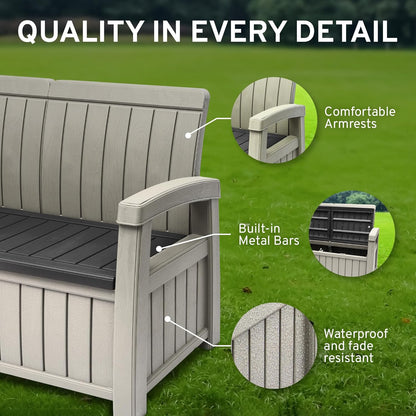 EconoHome 2 Seat Outdoor Storage Bench with Rain Cover - 60 Gallon Capacity - Weatherproof Resin