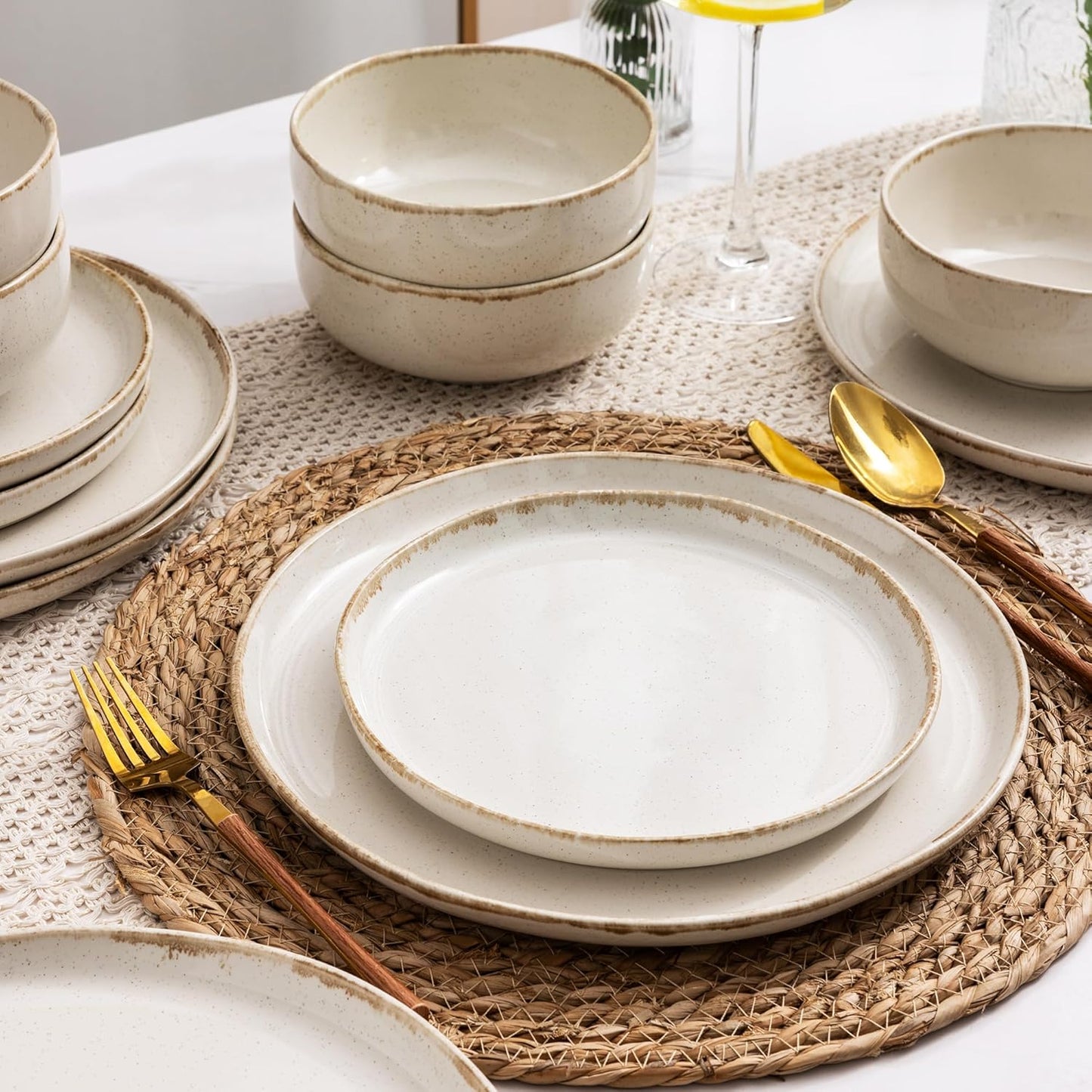 AmorArc Ceramic Dinnerware Sets, Wavy Rim Stoneware Plates and Bowls Sets, Highly Chip and Crack