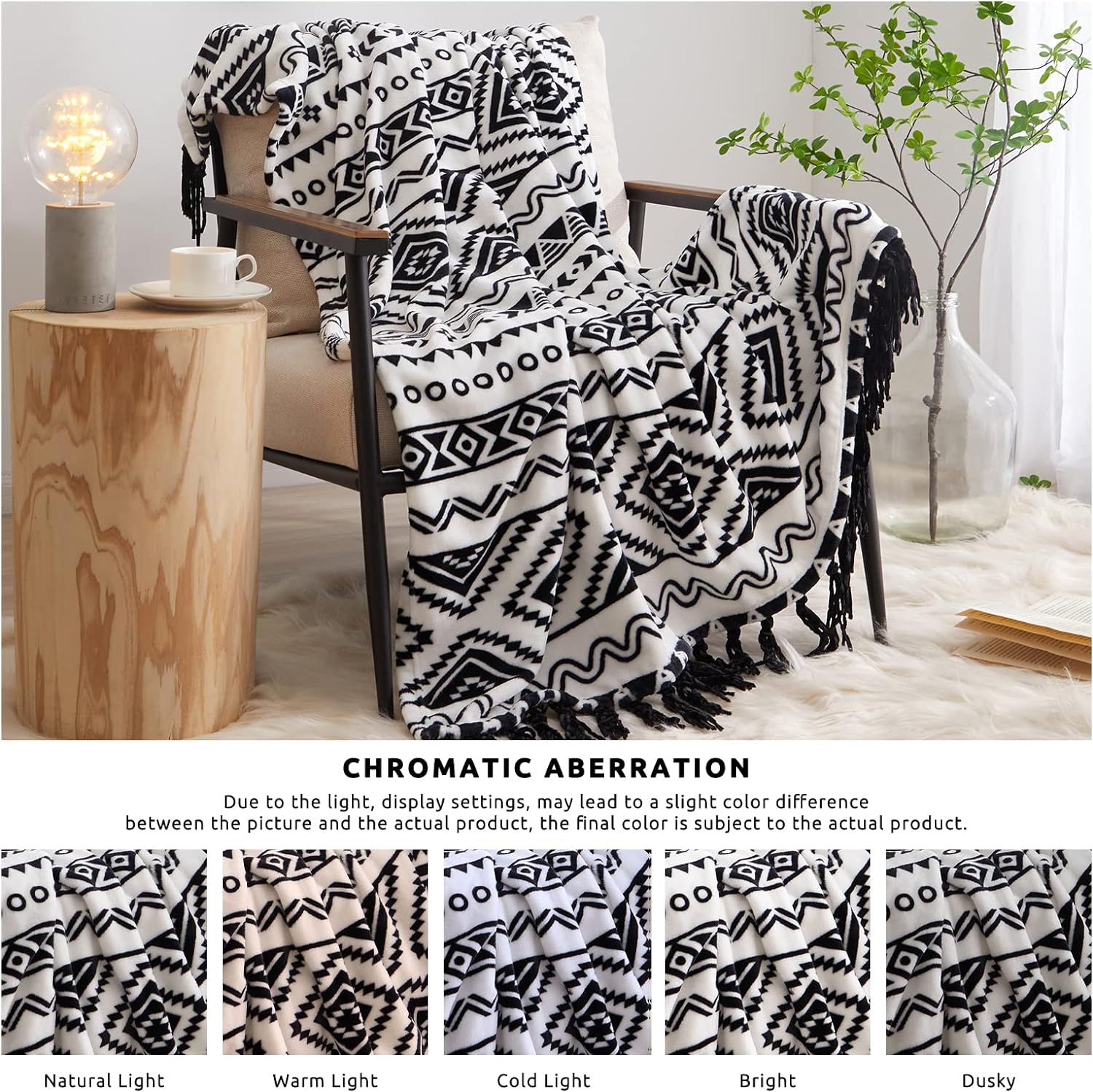 CASAAGUSTO Boho Throw Blanket - Black and White Decorative Blankets with Tassel, Printed Flannel