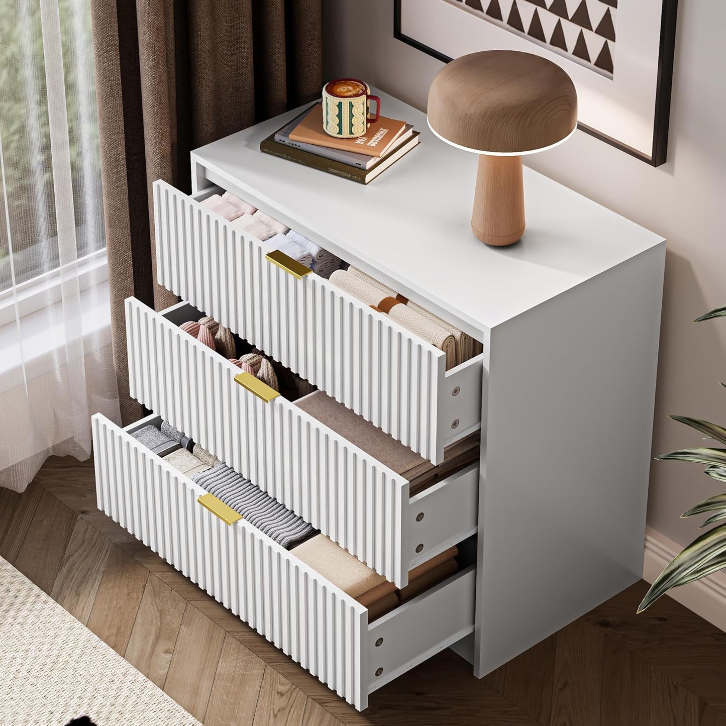 White Fluted Dresser for Bedroom, 32 Inch Wide Nightstand with Large Drawer, 3 Drawer End Table for