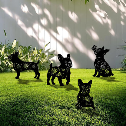 4 Pack Bulldog Metal Garden Decorative Stakes, Weather Proof Puppy Silhouette Statues for Yard