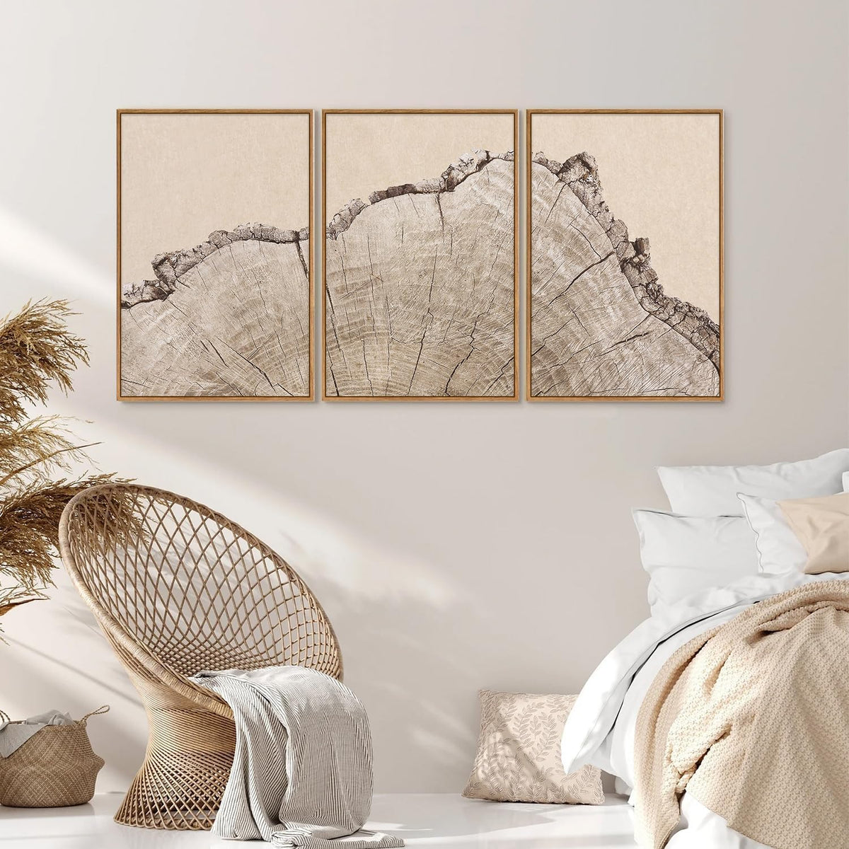 SIGNINART Large Tree Ring Framed Canvas Wall Art Set, Rustic Beige Wooden Wall Decor, Neutral