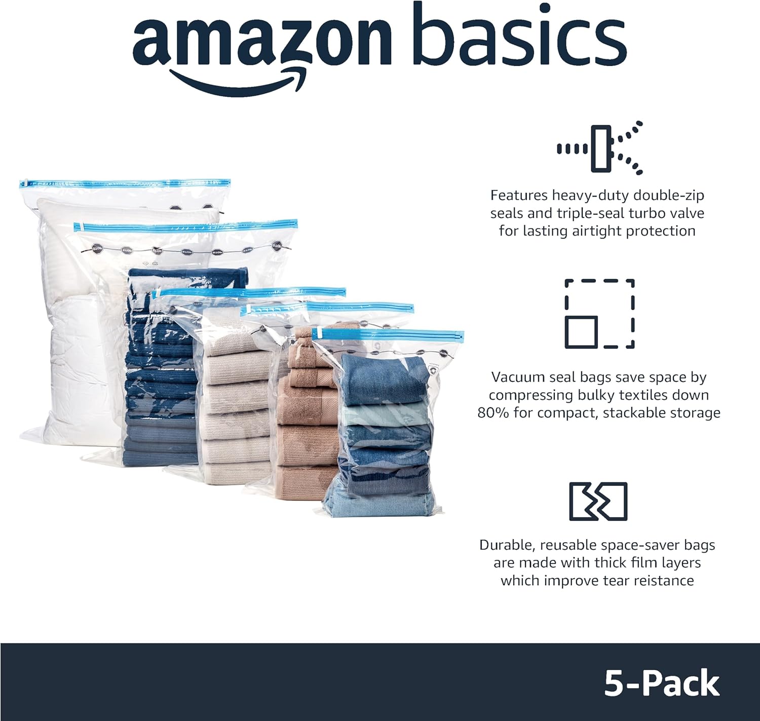 Amazon Basics Vacuum Compression Space Saving Storage Bags with Hand Pump, Large, Pack of 5, Clear