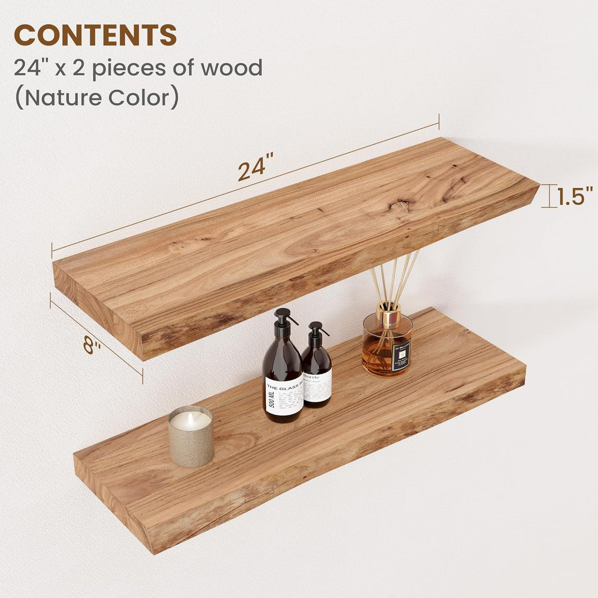 Floating Shelves for Wall Decor, Rustic Solid Elm Wood Live Edge Floating Shelves Wall Mounted