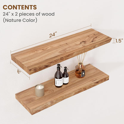 Floating Shelves for Wall Decor, Rustic Solid Elm Wood Live Edge Floating Shelves Wall Mounted