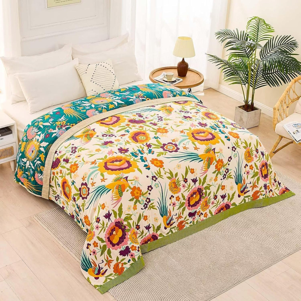Boho Throw Blanket for Bed, 100% Cotton Soft Rustic Quilt Fall Blanket, 90"x98" Floral Printed