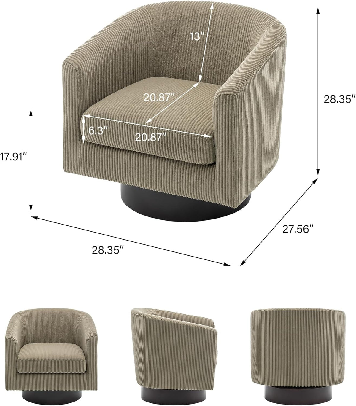 Swivel Barrel Accent Chair, Modern Round Corduroy Fabric Arm Chair for Living Room, Bedroom, Comfy