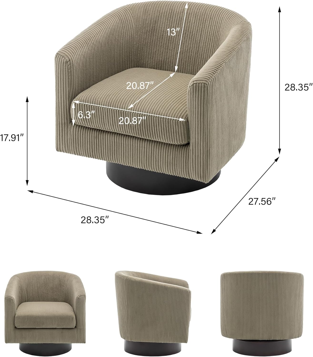 Swivel Barrel Accent Chair, Modern Round Corduroy Fabric Arm Chair for Living Room, Bedroom, Comfy