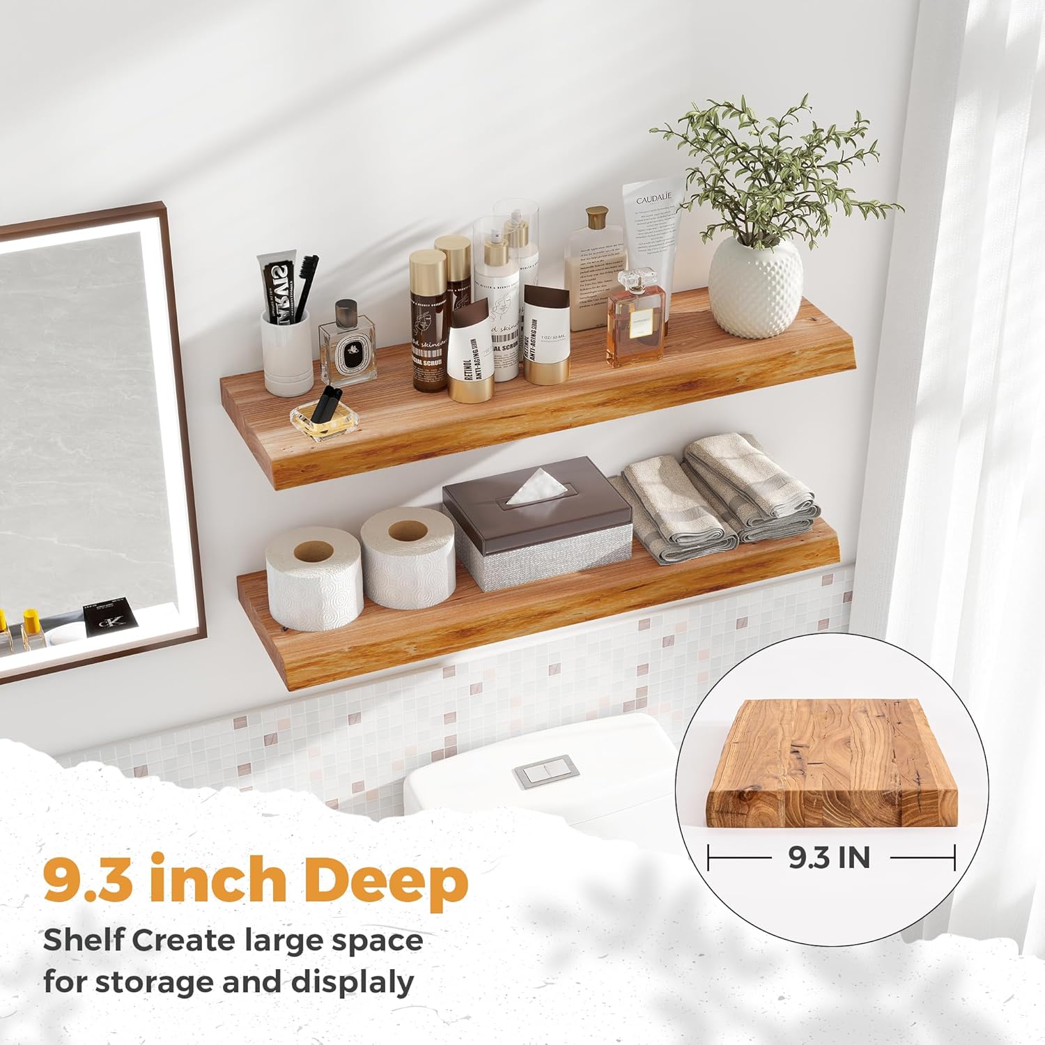 RICHFOCUS Live Edge Elm Floating Shelves - 30" W x 9.3" D Rustic Solid Wood Wall Shelves with