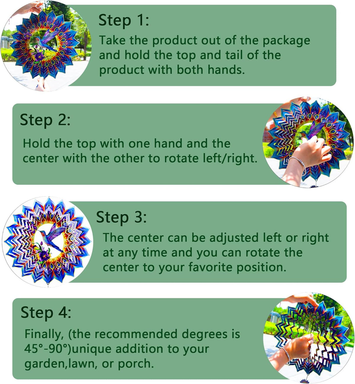 Hummingbird Wind Spinner,Hanging Wind Spinners Outdoor for Garden Decoration，12 inch 3D Stainless