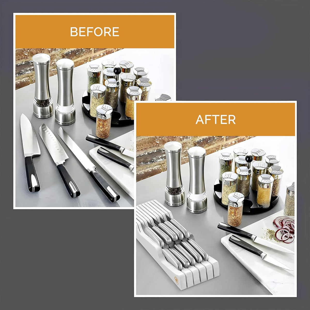 In-Drawer Knife Block Organizer - Bamboo Wood Drawer Knife Organizer - Holds 5 Long + 6 Short