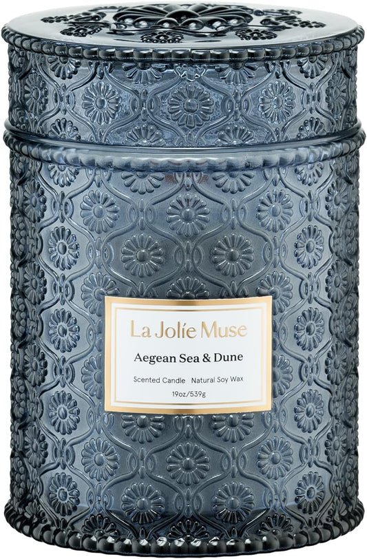 LA JOLIE MUSE Aegean Sea & Dune Candle –Cool Water, White Florals & Warm Amber | 19 oz Large Wooden