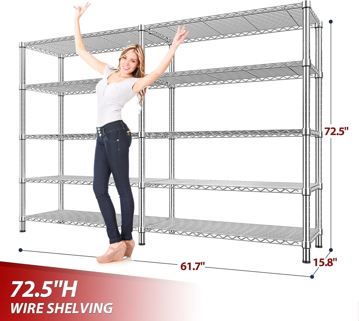 REIBII 1500LBS Storage Shelves 61.7''W Wire Shelving Unit 5 Tier Metal Shelving for Storage Rack