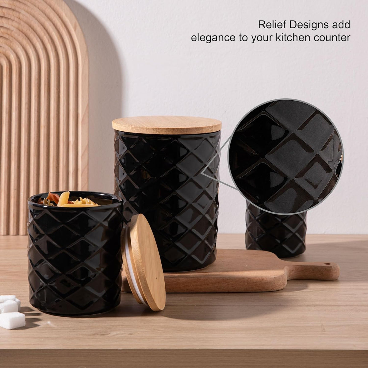 Sweejar Ceramic Canisters Sets for Kitchen Countertop, Relief Food Storage Jar with Bamboo Lid
