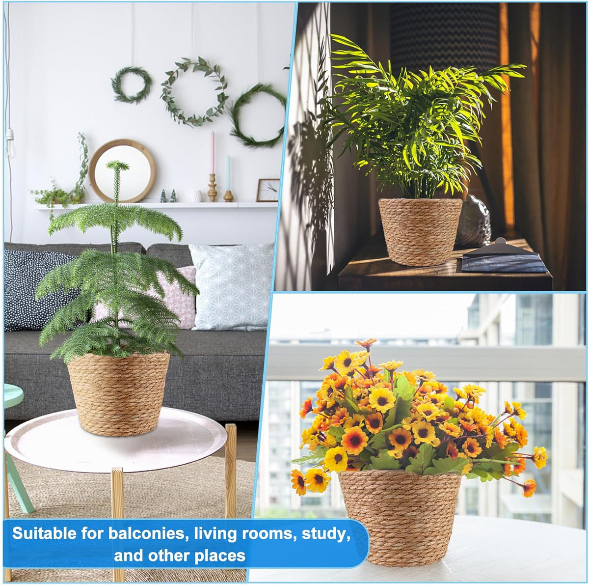 4 Pcs Large Premium Seagrass Planter Basket with Plastic Lining Natural Stylish Planter Baskets
