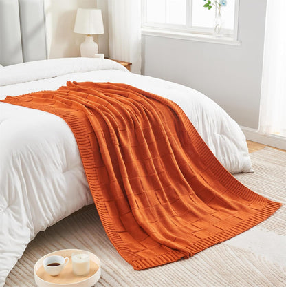 CozeCube Check Knit Throw Blanket, Rust Orange Checkered Throw for Couch, Decorative Christmas Soft