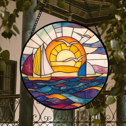 Stained Glass Window Hanging, Sailboat and Waves Suncatcher Diamond Glass Panel Hangings Sun