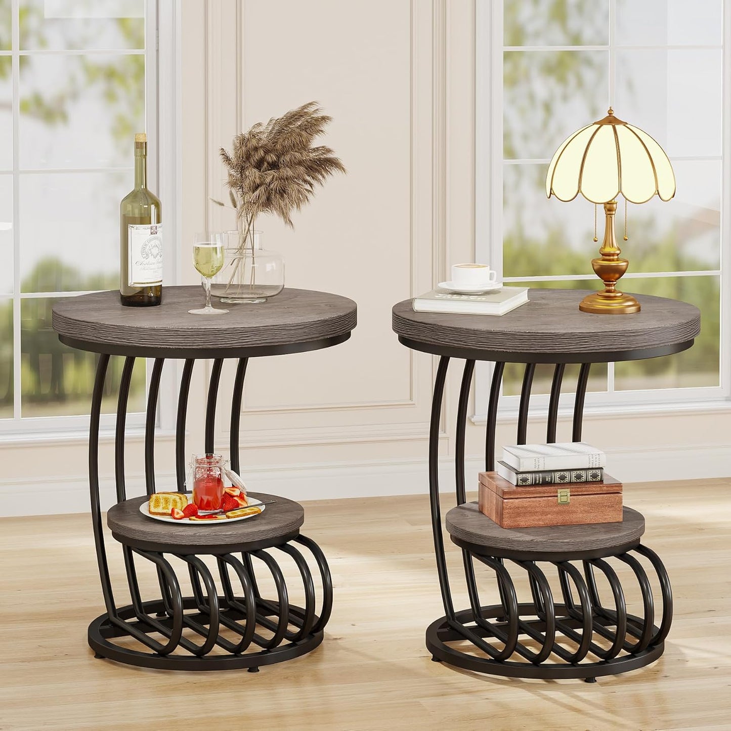 Tribesigns Round End Table: 2 Tiers Wood Side Table Set of 2 with Storage Shelf, Rustic Gray