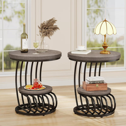 Tribesigns Round End Table: 2 Tiers Wood Side Table Set of 2 with Storage Shelf, Rustic Gray