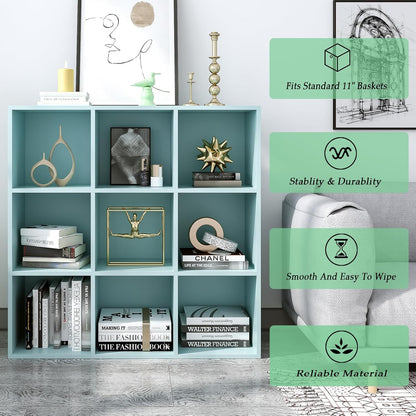 9-Cube Storage Shelf Bookcase - Wooden 3-Tier Floor Standing Open Bookshelf for Home and Office