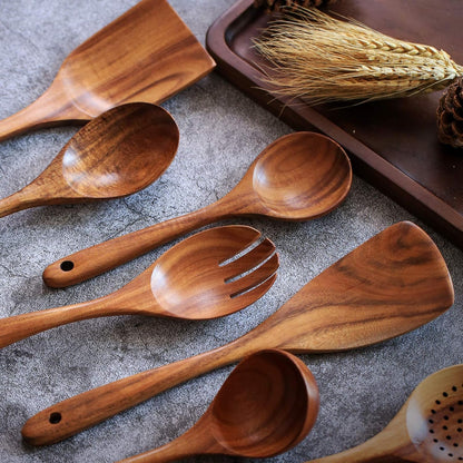 Wooden Non-Stick Kitchen Pan Toolset 7 Pieces Set,100% Natural Teak Kitchen Utensils Spatula