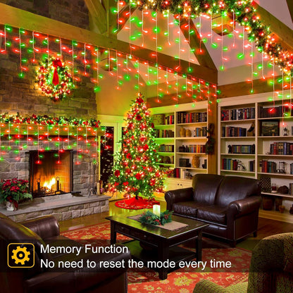 33ft Red and Green Christmas Lights, 400 LED Icicle Lights for Outside, Clear Wire Connectable