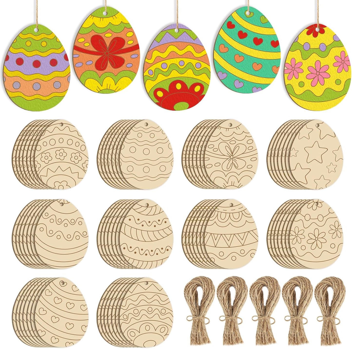80PCS Wooden Easter Ornaments to Paint, 10 Styles DIY Blank Unfinished Wood Cutouts Ornament for